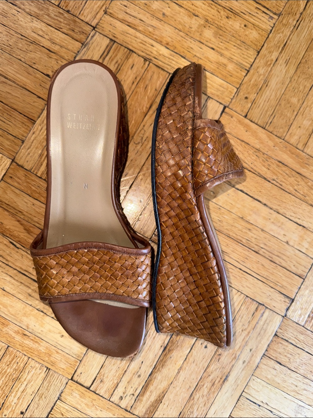 Stuart Weitzman Woven Leather Brown Slide Mules
